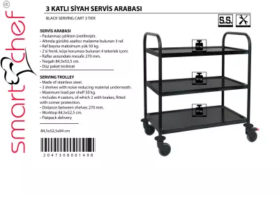 3 KATLI SİYAH SERVİS ARABASI PASLANMAZ - 3