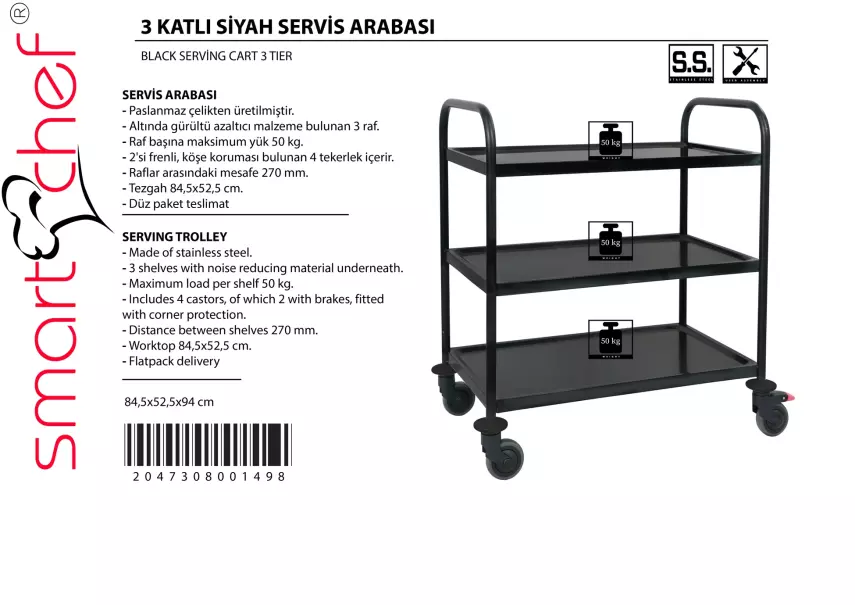 3 KATLI SİYAH SERVİS ARABASI PASLANMAZ - 3