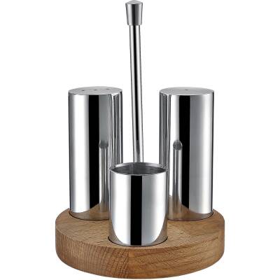 Biradlı Groovy Ahşap Standlı Üçlü Tuzluk Takımı (Parlak&Mat) (GRV-34)