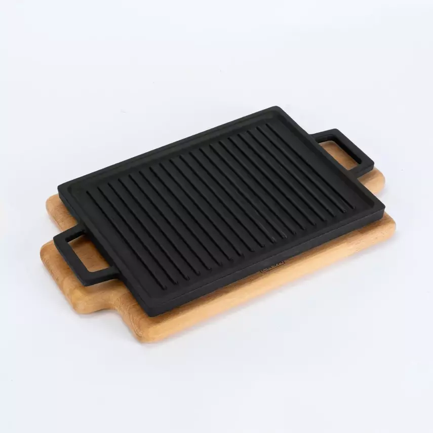 Lava Döküm Dikdörtgen Çift Yön Izgara ve Düz Yüzey Hot Plate Kayın Servis Ahşabı Ölçü 22x15cm (LV ECO HP 2215 T13 K4-1) - 1
