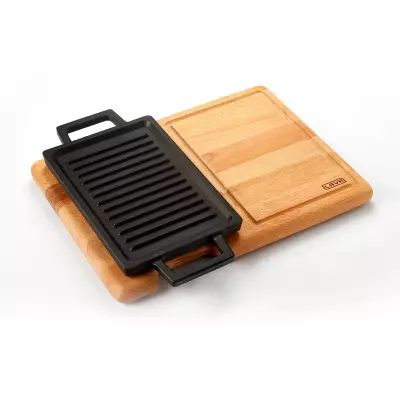 Lava Döküm Dikdörtgen Çift Yön Izgara ve Düz Yüzey Hot Plate Kayın Servis Ahşabı Ölçü 22x15cm (LV ECO HP 2215 T13 K4)