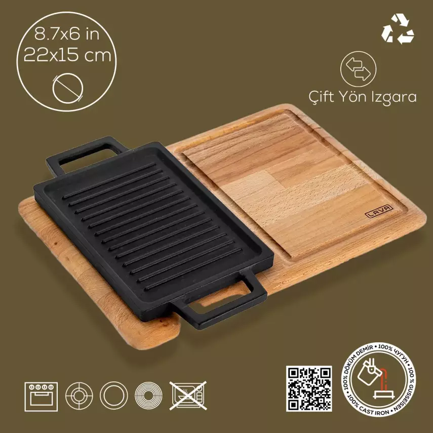 Lava Döküm Dikdörtgen Çift Yön Izgara ve Düz Yüzey Hot Plate Kayın Servis Ahşabı Ölçü 22x15cm (LV ECO HP 2215 T13 K4) - 2