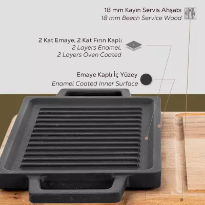 Lava Döküm Dikdörtgen Çift Yön Izgara ve Düz Yüzey Hot Plate Kayın Servis Ahşabı Ölçü 22x15cm (LV ECO HP 2215 T13 K4) - 3