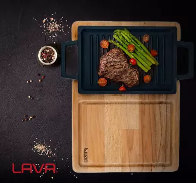 Lava Döküm Dikdörtgen Çift Yön Izgara ve Düz Yüzey Hot Plate Kayın Servis Ahşabı Ölçü 22x15cm (LV ECO HP 2215 T13 K4) - 5