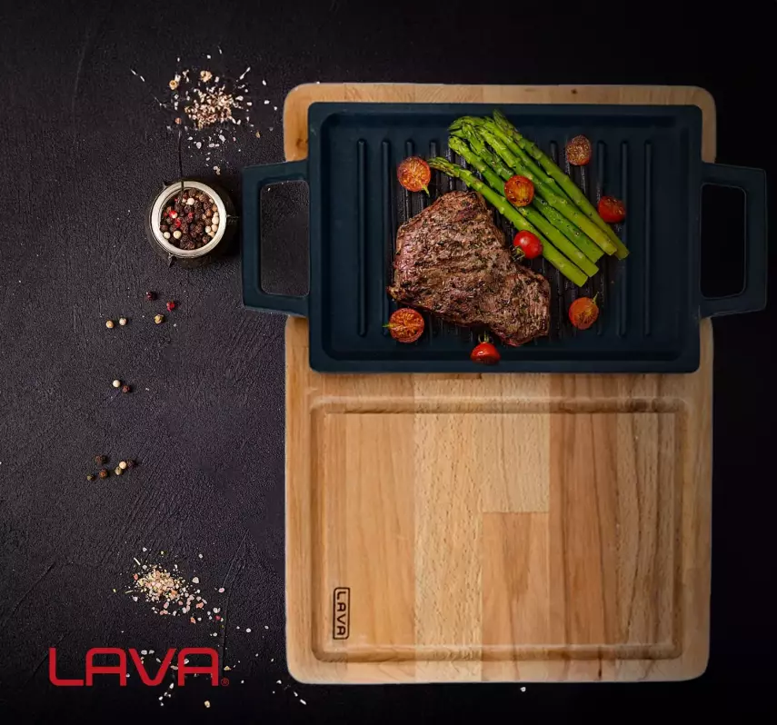 Lava Döküm Dikdörtgen Çift Yön Izgara ve Düz Yüzey Hot Plate Kayın Servis Ahşabı Ölçü 22x15cm (LV ECO HP 2215 T13 K4) - 5