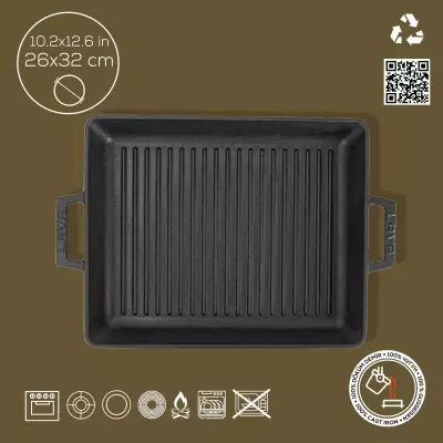 Lava Döküm Dikdörtgen Izgara Tavası Döküm Demir Yekpare Çift Kulplu Ölçü 26x32cm (LV ECO GT 2632 T3) - 4