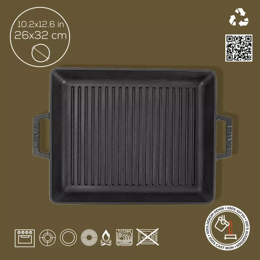 Lava Döküm Dikdörtgen Izgara Tavası Döküm Demir Yekpare Çift Kulplu Ölçü 26x32cm (LV ECO GT 2632 T3) - 4