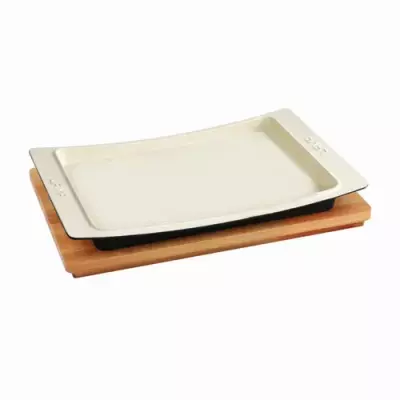 Lava Döküm Dikdörtgen Servis Tabağı ve Kayın Servis Ahşabı. Ölçü 36x24cm (LV ST 3624 K4 CR)