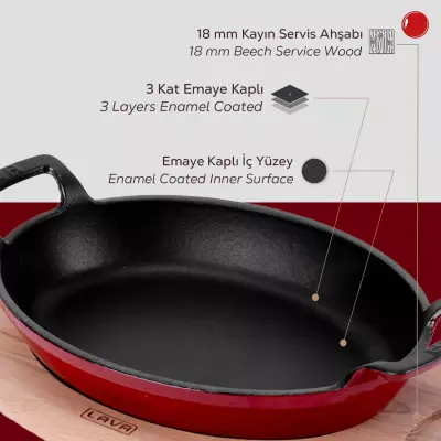 Lava Döküm Oval Sahan Döküm Demir Yekpare Çift Kulplu Kayın Servis Ahşabı Ölçü 23x17cm (LV O TV 2317 SHN AH 221 BE ) - 5