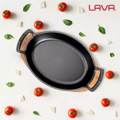 Lava Döküm Oval Sahan Döküm Demir Yekpare Çift Kulplu Kayın Servis Ahşabı Ölçü 23x17cm (LV O TV 2317 SHN AH 221 BE ) - 6
