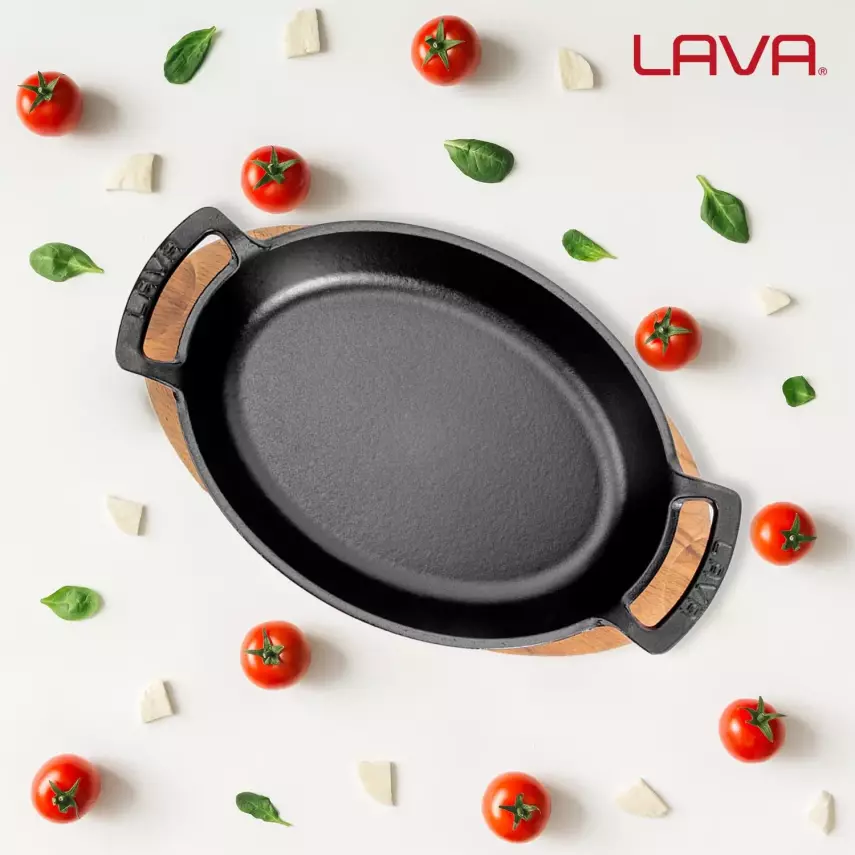 Lava Döküm Oval Sahan Döküm Demir Yekpare Çift Kulplu Kayın Servis Ahşabı Ölçü 23x17cm (LV O TV 2317 SHN AH 221 BE ) - 6