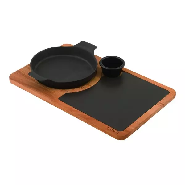 Lava Döküm Yuvarlak Kulplu Tava, Ahşap ve Porselen Servis Plakası. Çap(Ø)18cm. (Sos Kapları Dahil Değildir.) ( LV ECO Y TV 18 K444 PR ) - 1