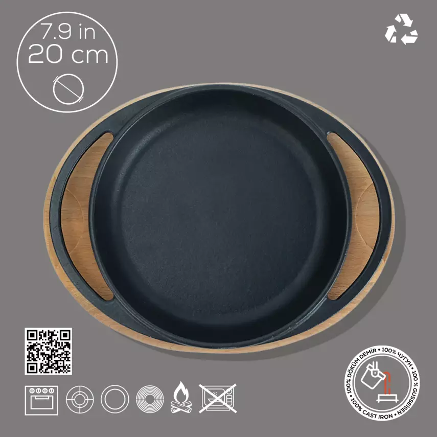 Lava Döküm Yuvarlak Sahan Döküm Demir Yekpare Çift Kulplu Kayın Servis Ahşabı Çap(Ø)20cm (LV ECO Y TV 20 K4) - 6