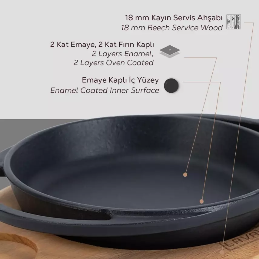 Lava Döküm Yuvarlak Sahan Döküm Demir Yekpare Çift Kulplu Kayın Servis Ahşabı Çap(Ø)20cm (LV ECO Y TV 20 K4) - 7