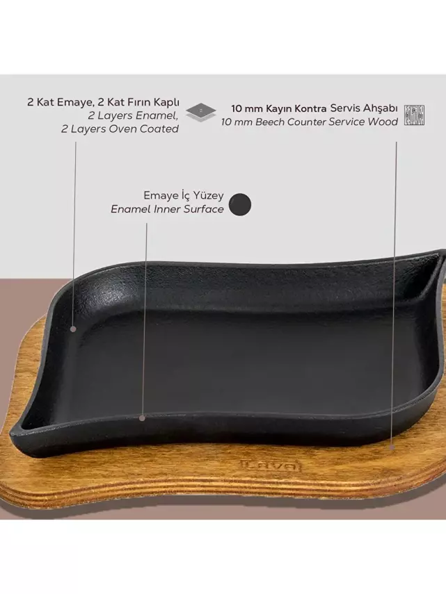 LAVA Siyah Dikdörtgen Servis Tabağı ve Ahşap altlığı. Ölçü 13x19cm (LV HRC 069 AH 069 WS) - 4