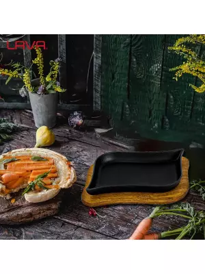LAVA Siyah Dikdörtgen Servis Tabağı ve Ahşap altlığı. Ölçü 13x19cm (LV HRC 069 AH 069 WS) - 7